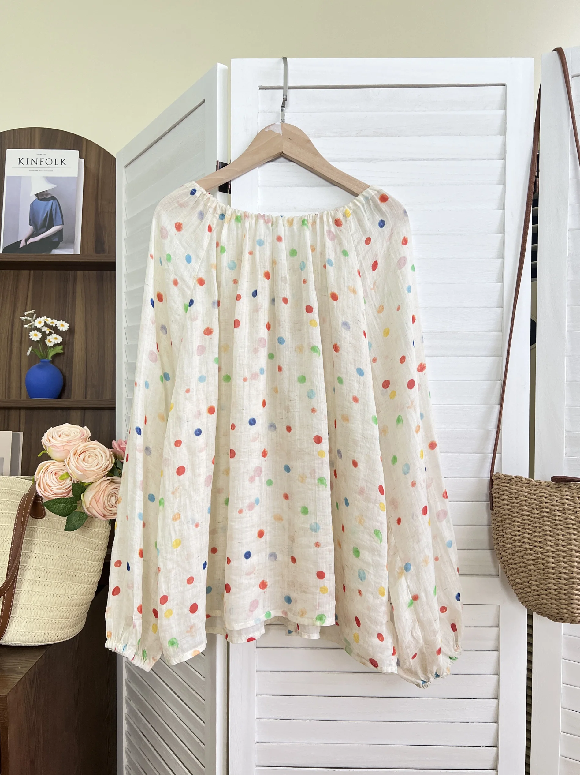 Japan fashion Artistic Color Polka Dot Pure Ramie Drawstring Neckline Long sleeve Small Shirt Loose All-Matching Top