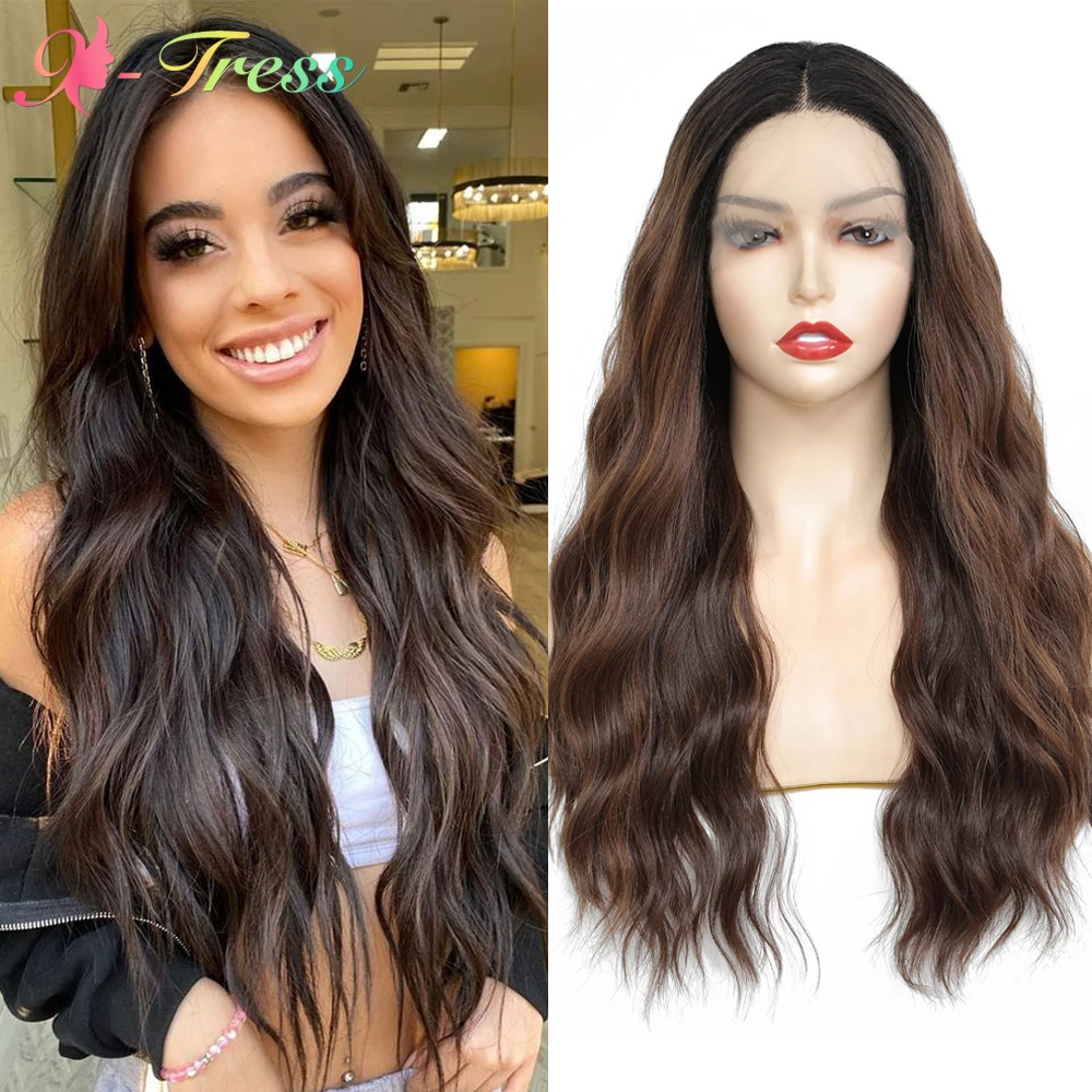 

Natural Wave Synthetic Lace Front Wigs Ombre Brown Long Wavy Daily Hairstyles X-TRESS Middle Part Lace Hair Wig for Black Women