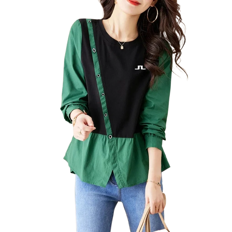 

Hazzys 2023 Golf Wear Autumn Women Golf Shirt Fake Two-piece Long Sleeved Tee Contrasting Color Stitching and Asymmetric Small