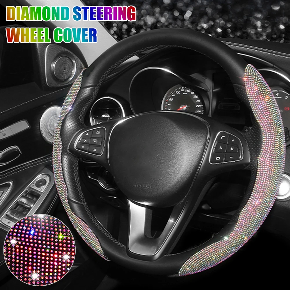 

Bling Car Steering Wheel Cover Crystal Rhinestones 15" Steering Wheel Cover Anti-Slip Decoration Interior Accessories for Women