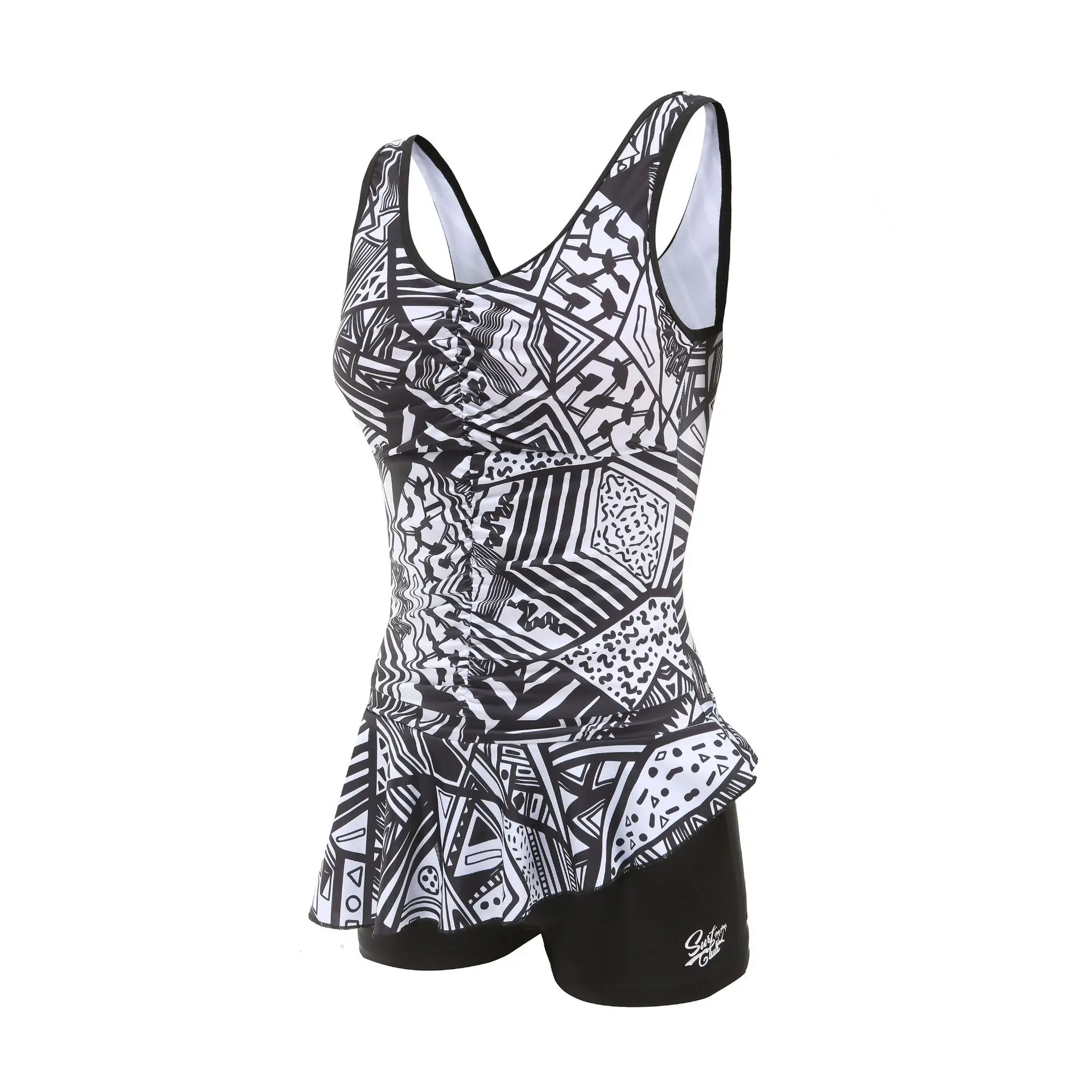 

Quick Drying One Piece Swim Suit New Fashion Professional Swimsuit Women's Black and White Printing Ruffled Vest Skirt Swimwear