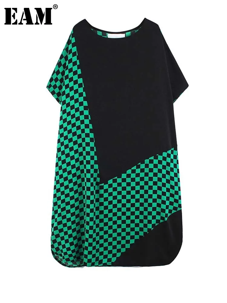 

Женское платье в зеленую клетку [EAM], длинное платье большого размера с круглым вырезом, коротким рукавом, свободного покроя, весна-лето 2022, ...