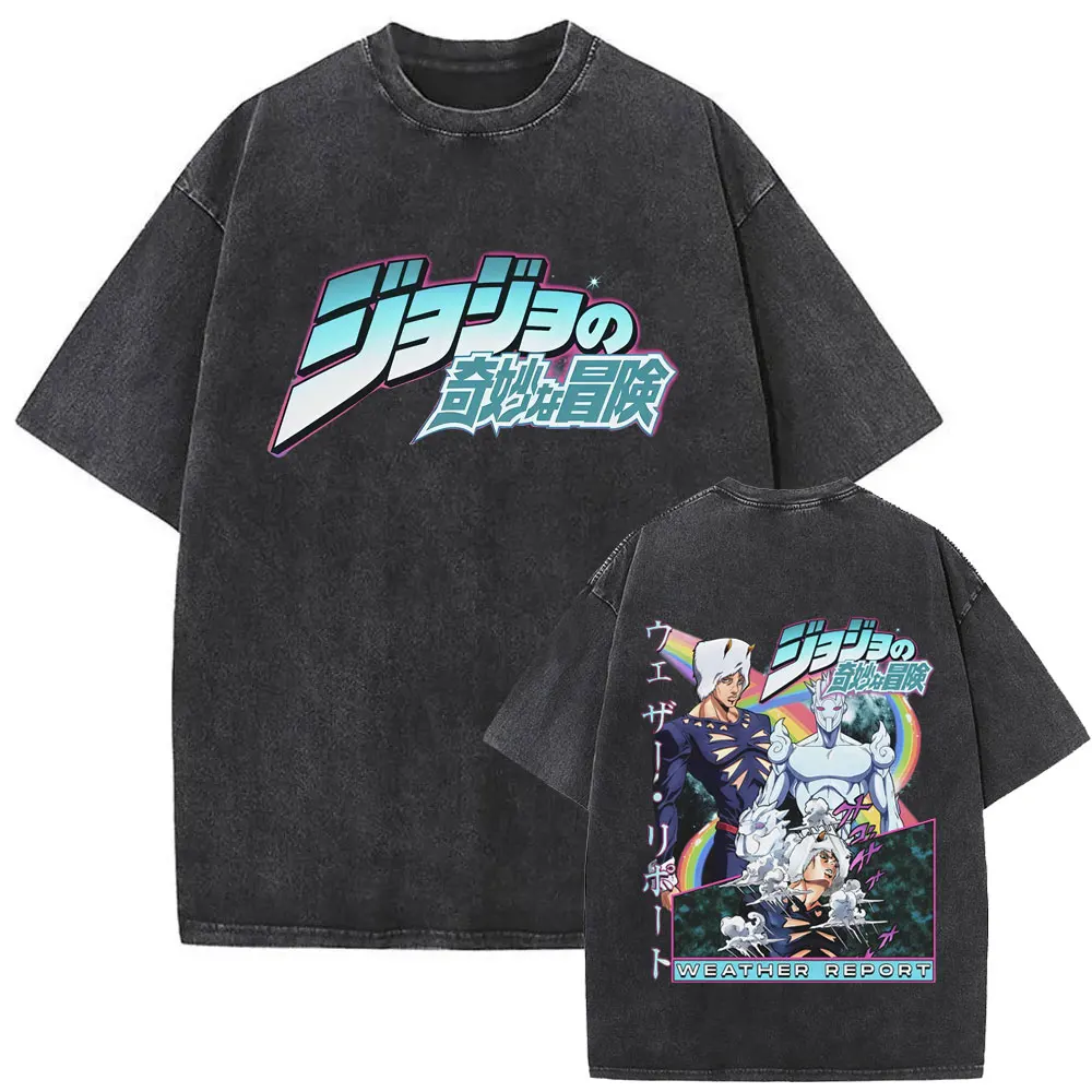 Фото Промытая винтажная футболка в стиле аниме JoJo Bizarre Adventure с отчетом погоды, двусторонняя футболка с принтом для мужчин и женщин, футболка большого размера в стиле ретро с героями мультфильмов №1