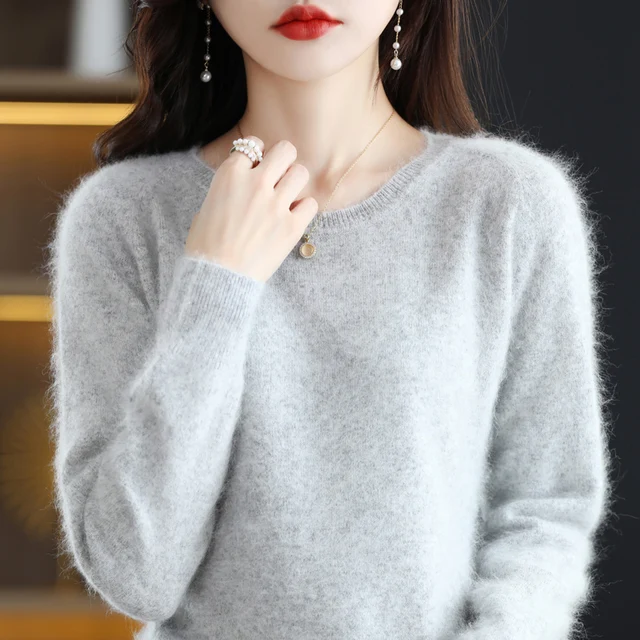 100% Mink Sweater Women's Autumn And Winter Plain Plain Cashmere Knitted Round Neck Pullover Casual Versatile High-End Warm Top 2