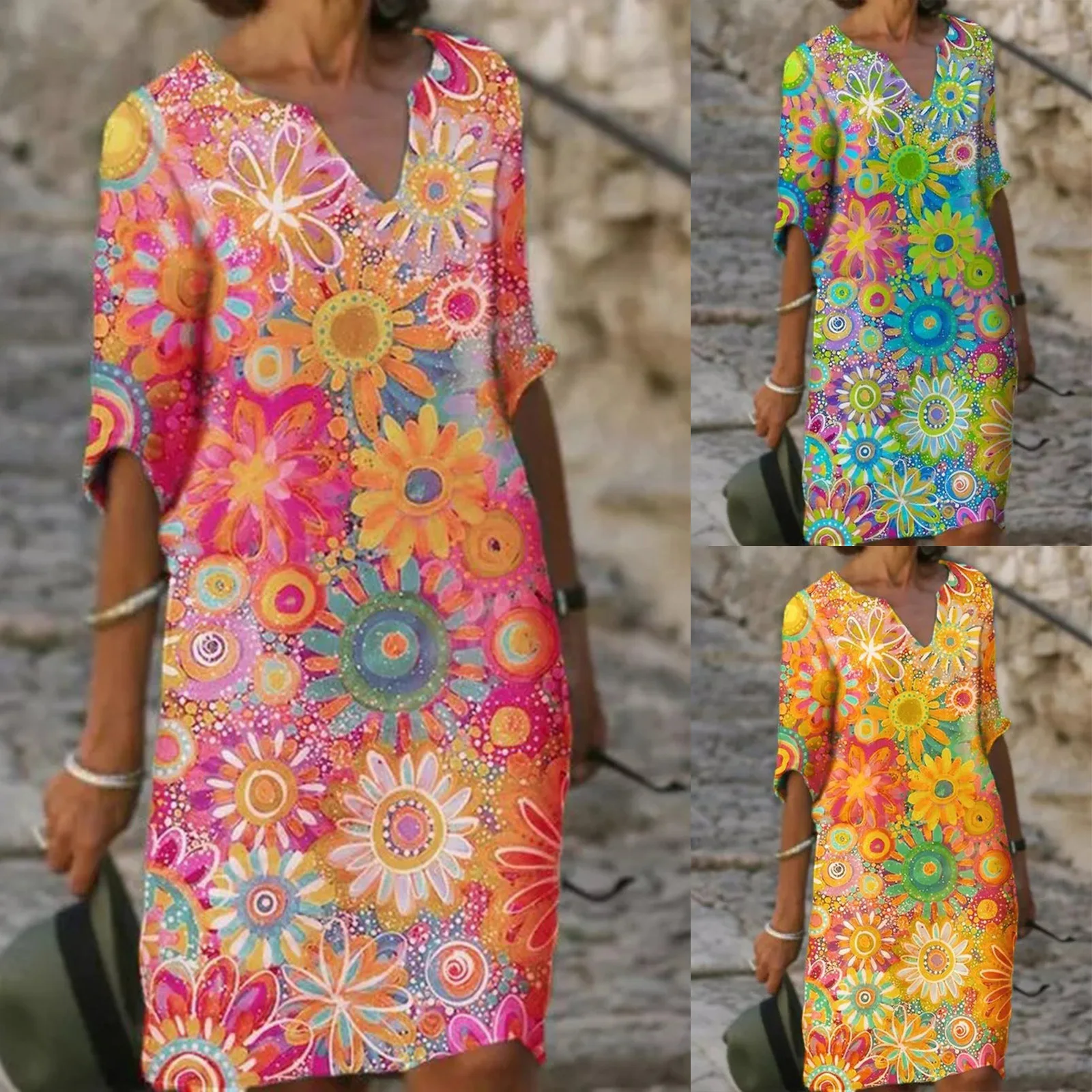 Women's Dress Autumn Fashion Multicolor Casual Short Sleeve V-Neck Dress