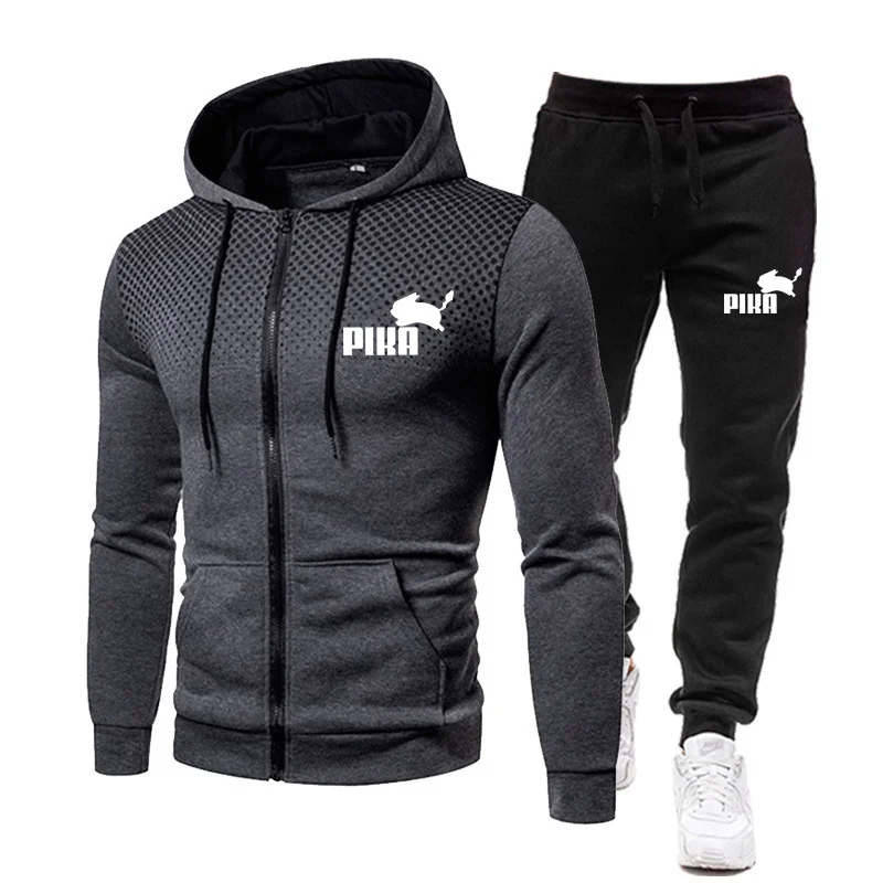 

2021 Autumn And Winter Men'sSweatshirt + Sweatpants Suit Printing Men's Zipper Hoodie Fitness Sportswear Suit Hooded Sportswear
