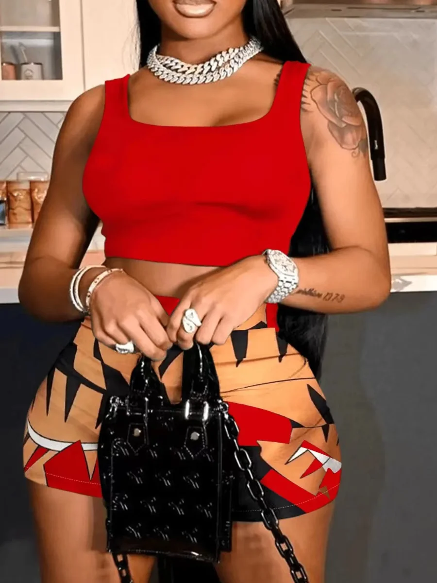 LW Plus Size summer 2pcs set Crop Top Geometric Print Patchwork Shorts Set 2023 Summer T Shirt Two Piece Set And Shorts Suits