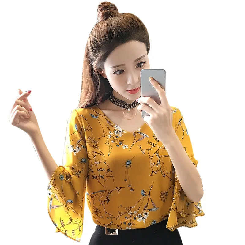 Women's V-neck Chiffon Blouses Korea Style Sweet Floral Half Flare Sleeve Soft Breathable Temperament Tops