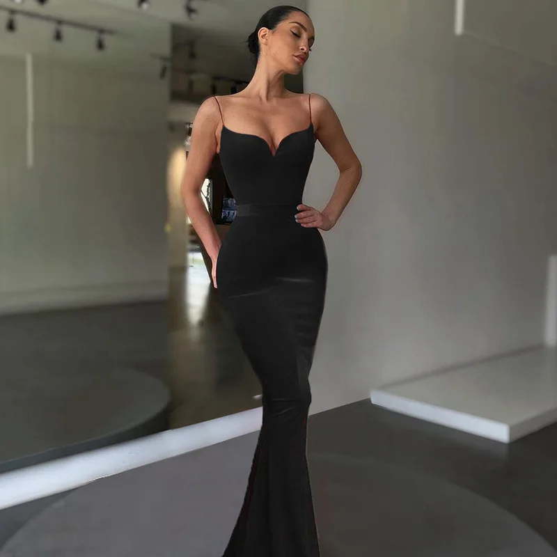 Women Elegant Velvet Gowns Spaghetti Deep V-neck Sleeveless Backless Long Party Dress Fashion Slim Waist Mermaid Evening Dresses