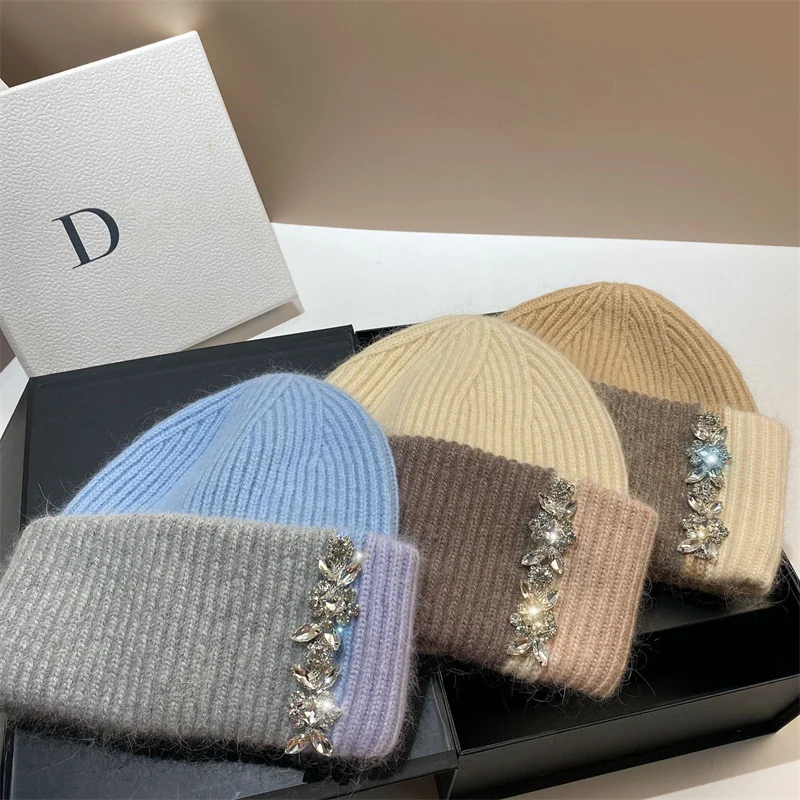 

Luxury Rhinestones Winter Hats for Women Angora Beanie Real Rabbit Fur Knitted Hat Fluffy Lady Warm Walking Bonnet Wool Cap
