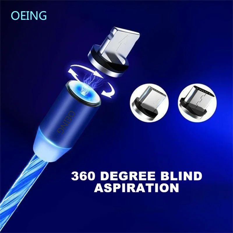 

OEING Magnetic Charging Micro USB Type C Cable LED Flow Luminous Lighting Data Wire For iphone Samaung Huawei Mobile USB Charger
