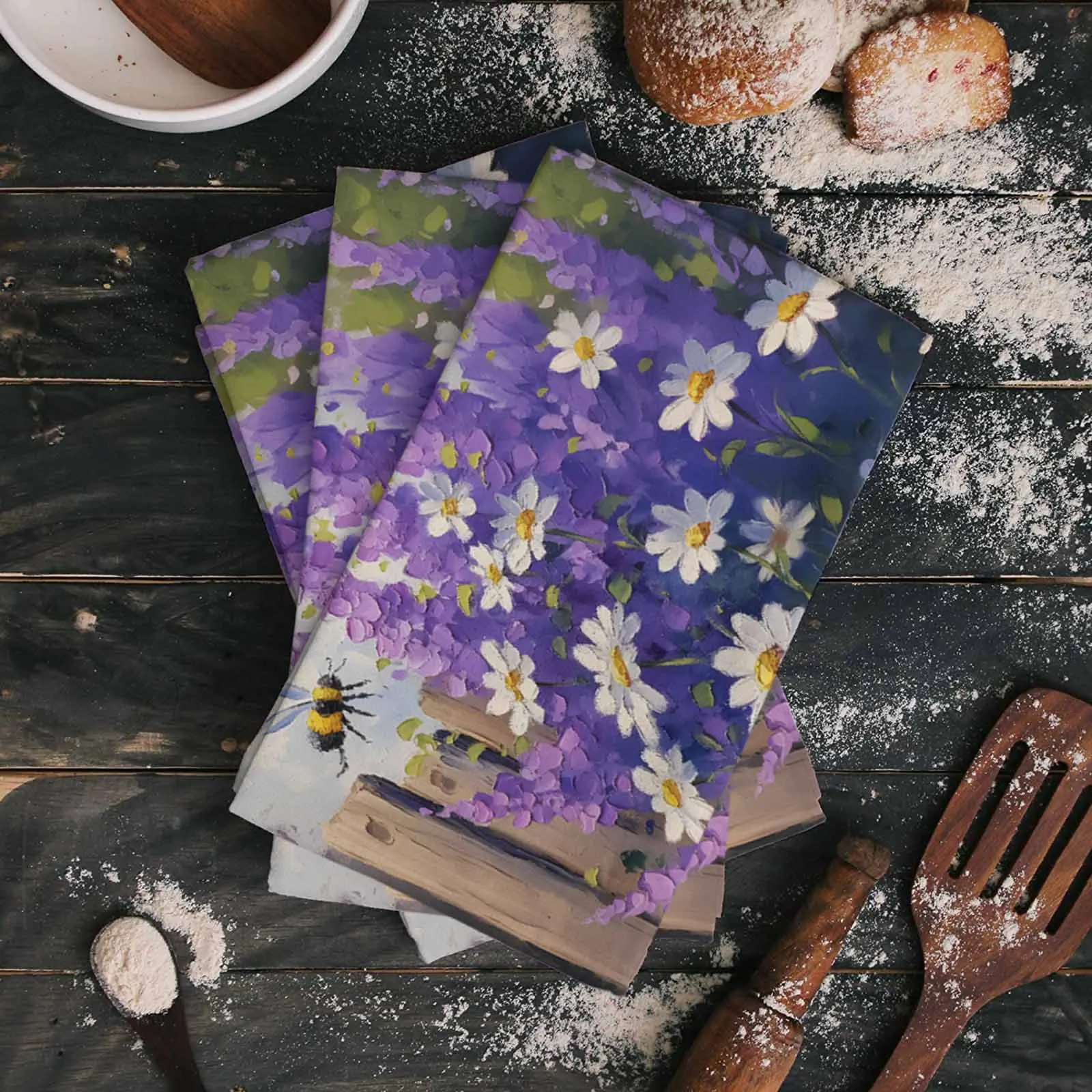 Картина маслом фиолетовая лаванда Маргаритка садовые пчелы полотенце для рук