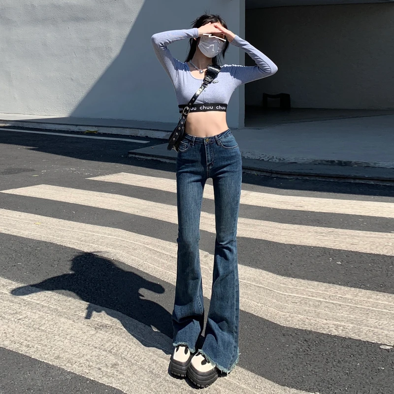 Low Waisted Y2K Flare Jeans Aesthetic Retro Cute Denim Sweatpants Streetwear Fashion Harajuku Casual Cowboy Trousers With Pocket