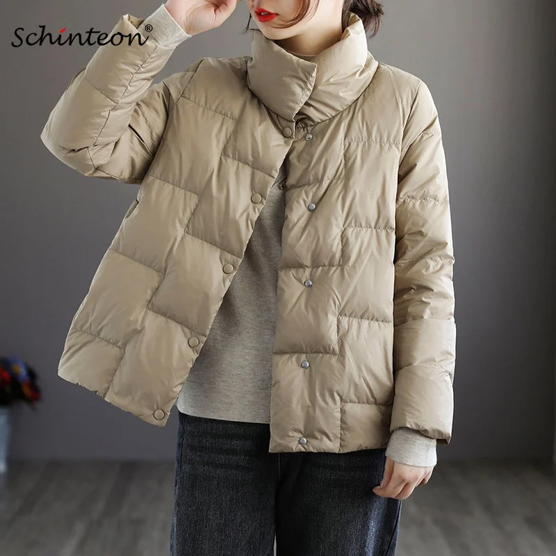 

Schinteon Women Light Down Jacket Simple Casual Solid Color Stand Collar Short Outwear Autumn Coat Female New 2022 Fashion