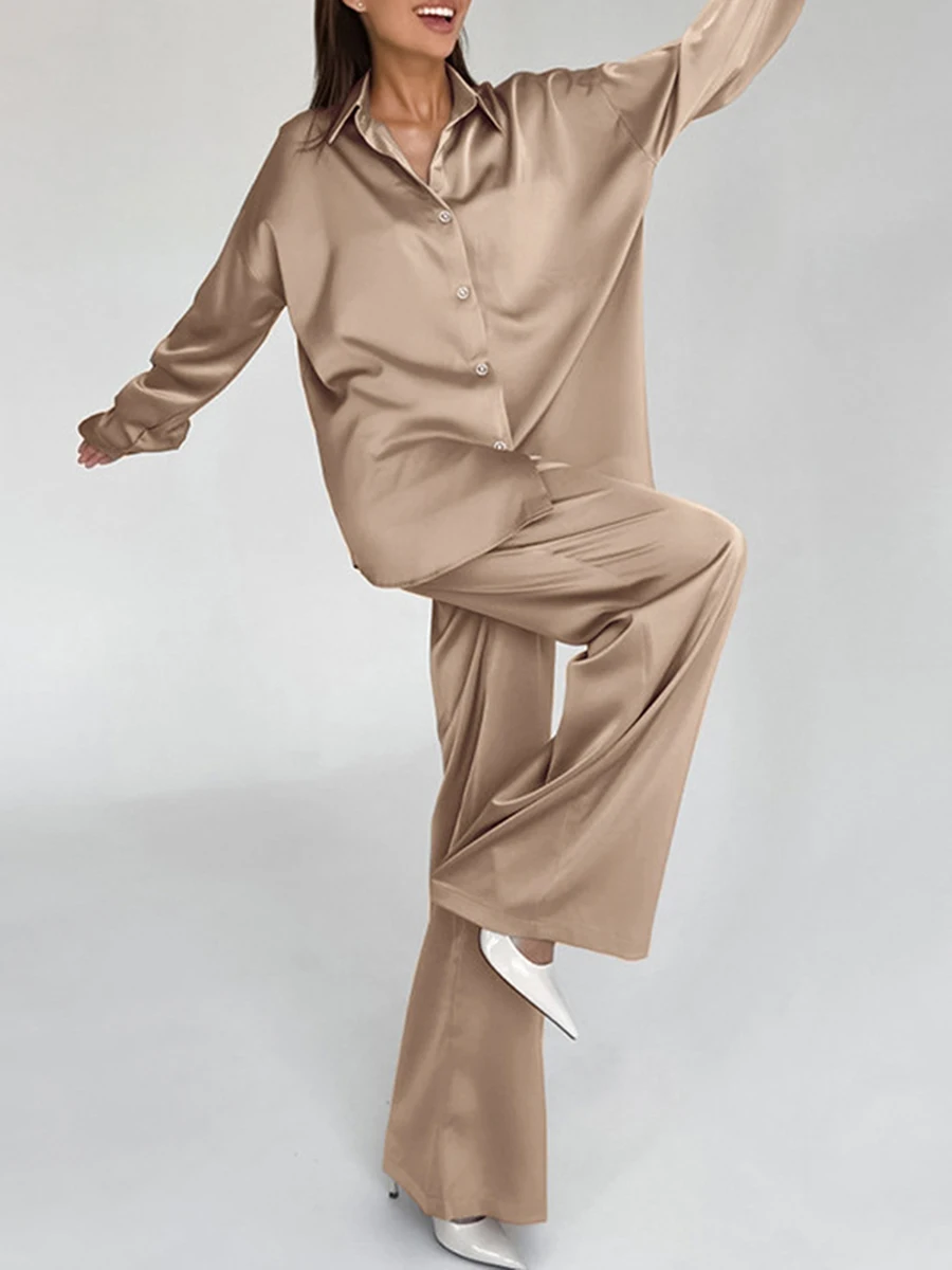 

Женский комплект одежды из 2 предметов, рубашка на пуговицах с длинным рукавом, эластичные брюки с высокой талией и широкими штанинами, уличная одежда 27-хаки
