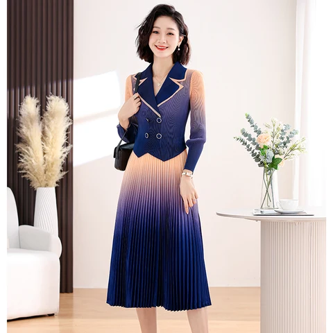 ZJYT весенние модные плиссированные платья с градиентным принтом для женщин 2024 Новинка дизайнерское элегантное платье с длинным рукавом синее повседневное женское платье