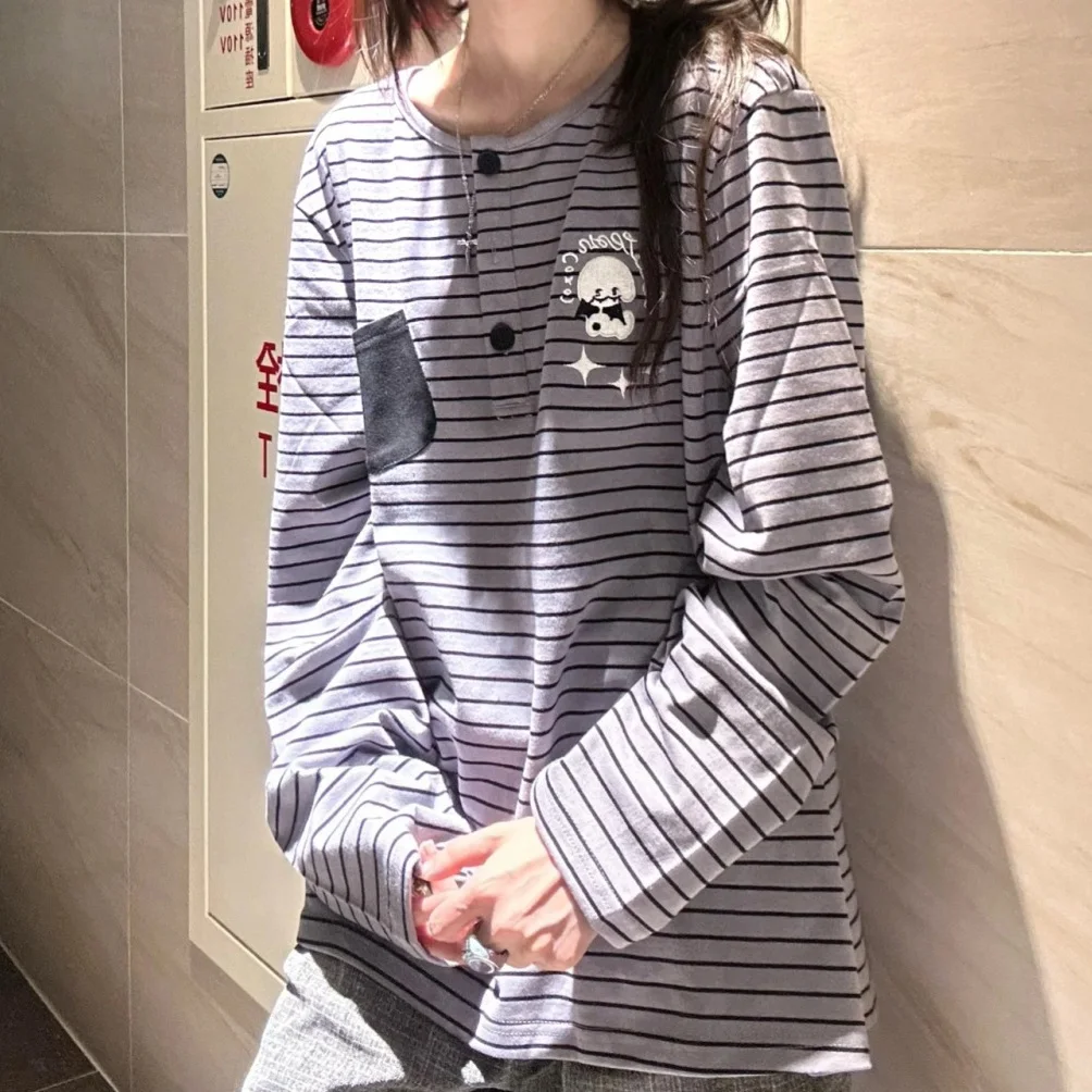 

Футболка женская полосатая с длинным рукавом, модная в японском стиле Харадзюку, универсальный топ с карманами, уличная одежда, Y2k