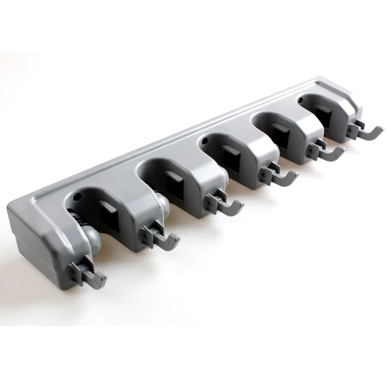 

Wall Mounted Plastic Mop and Broom Holder Tool holder organizer With 5 Clamps and 6 Hooks