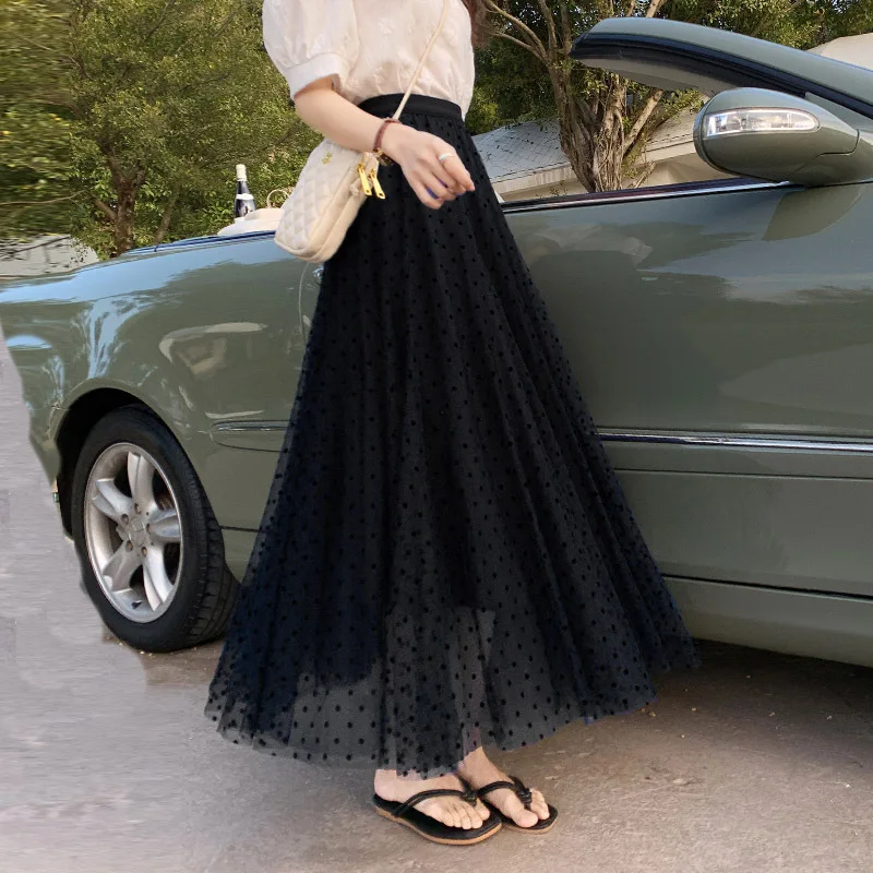 Qooth Женская юбка в горошек элегантная длинная Тюлевая А-силуэта с высокой талией