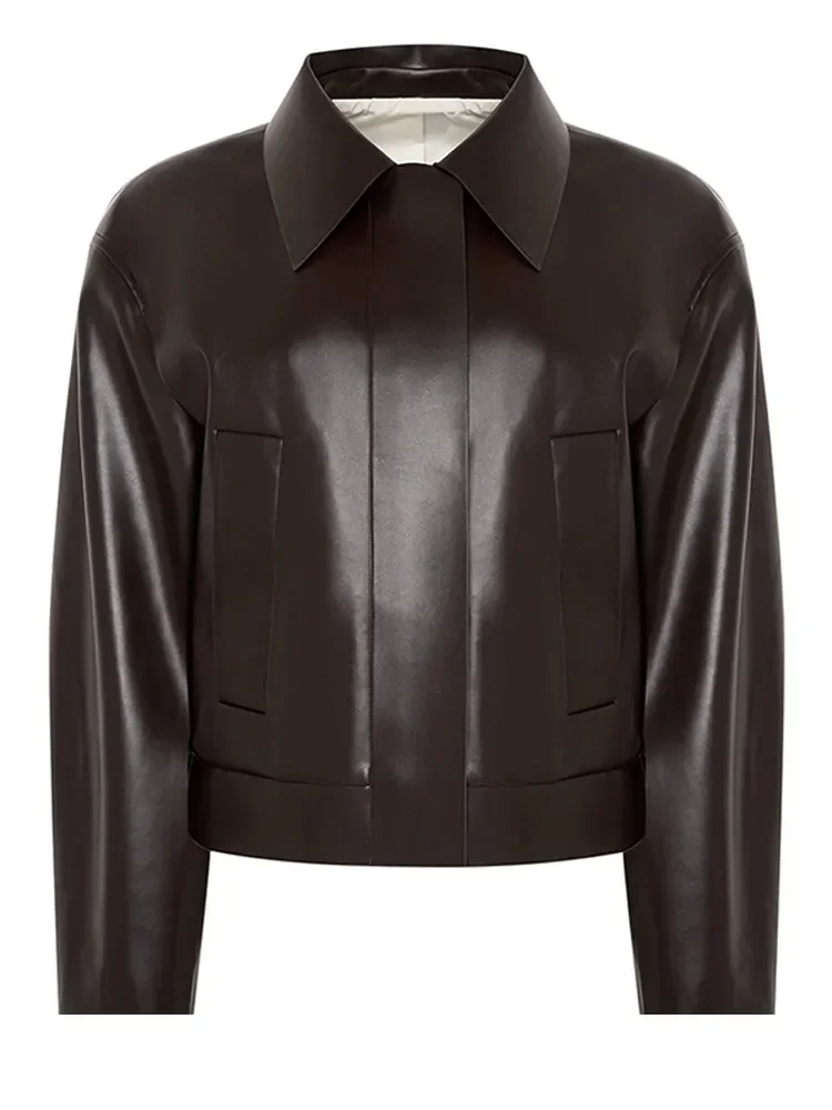 Шоколадная новая эластичная куртка из искусственной кожи женская модная