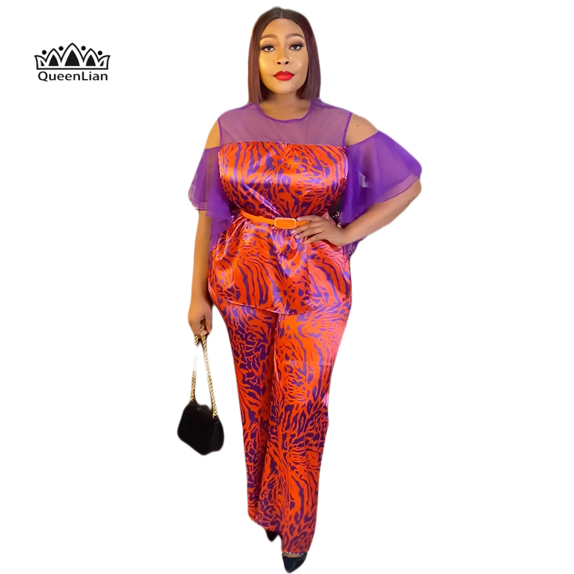 Mesh Exposed Short Sleeved Two-piece Set of Fashionable Printed Panels  African Clothes