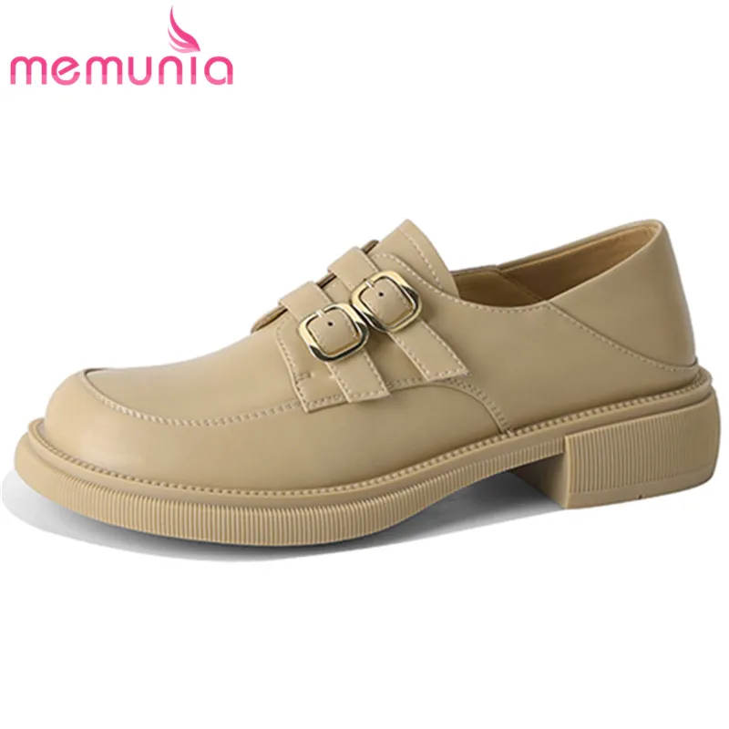 MEMUNIA 2023 New Genuine Leather Loafers Shoes Woman Simple Ladies Square Med Heels Pumps Buckle Spring Dress Shoes