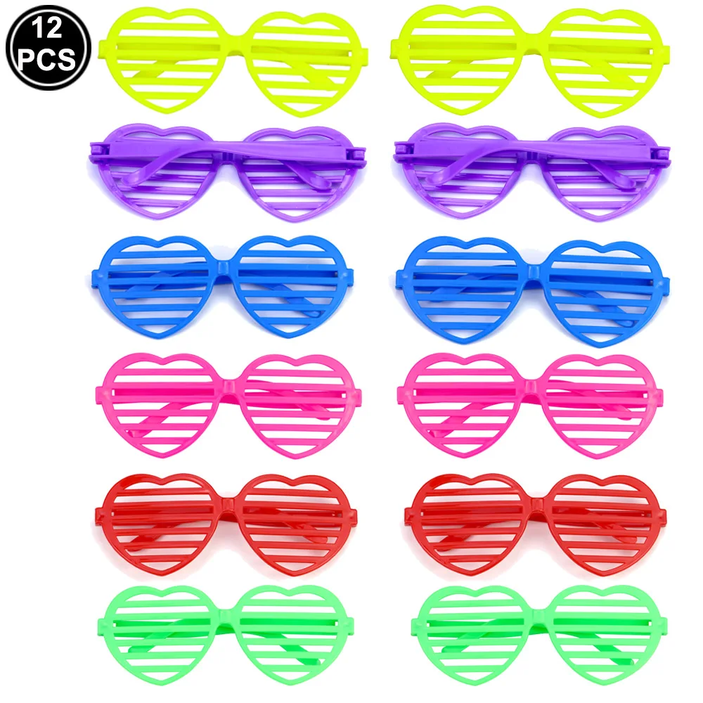 

12 Pairs of Plastic Shutter Glasses Heart Shades Sunglasses Eyewear Party Props Assorted Colors 80s 90s Party Favors Supplies