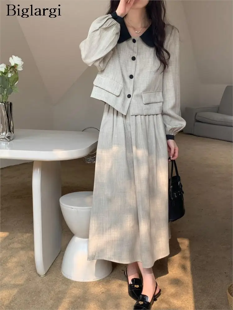 

Autumn 2 Two Piece Set Women Long Sleeve Casual Ladies Cropped Coats Tops Fashion High Waist Pleated Woman Skirt 2023