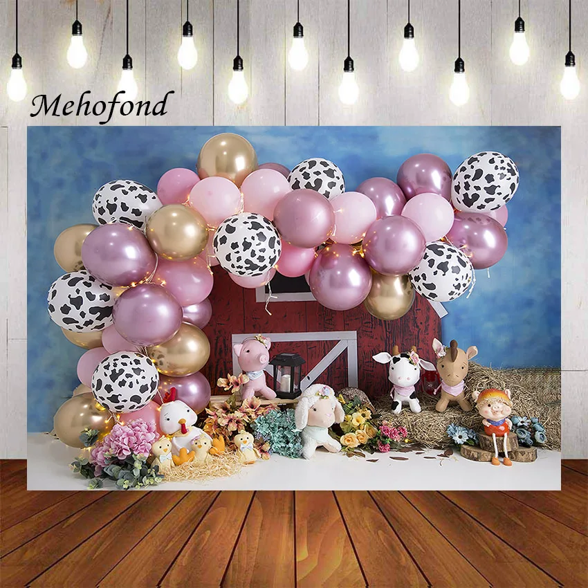 

Mehofond Photography Background Farm Red Barn Animals Haystack Balloon Kid Birthday Party Cake Smash Decor Backdrop Photo Studio