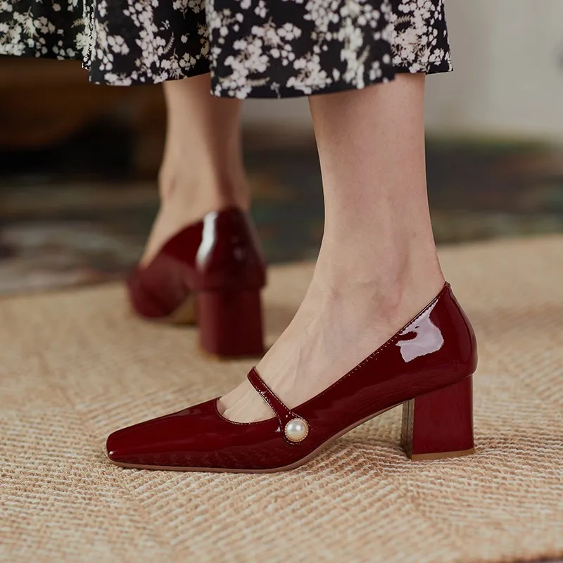 

2022 Spring Autumn PU Patent Leather Women Pumps Square Toe Shallow Ladies Shoes Fashion Square High Heels Size 34-39