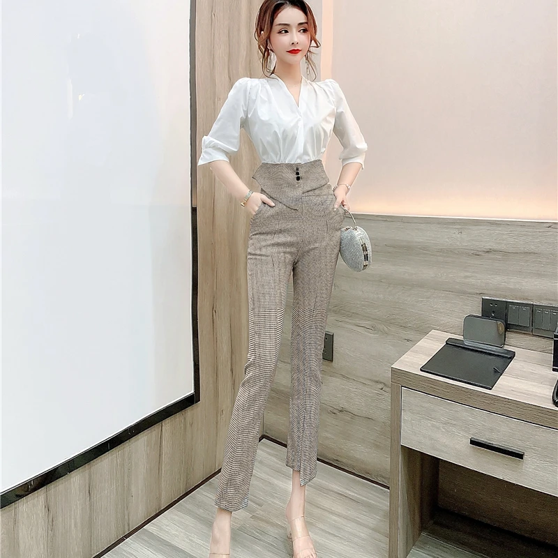 

Женский офисный костюм из двух предметов, элегантный укороченный топ и брюки-карандаш в офисном стиле, офисный деловой комплект из 2 предмет...