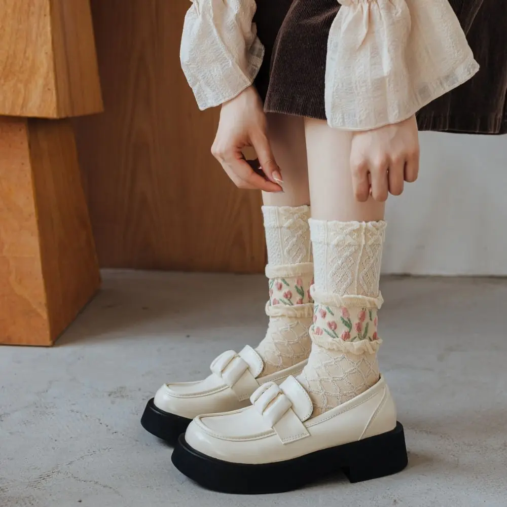 

Autumn Breathable Sweet Flower Trendy Cute Frilly Korean Style Socks Women Tulip Socks Middle Tube Cotton Hosiery