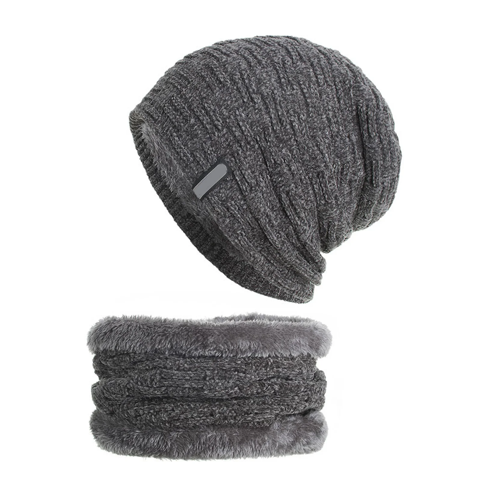 

Unisex Retro Horizontal And Vertical Lines Round Beanies Neck Scarf Set Soft Warm Knitted Velvet Cap