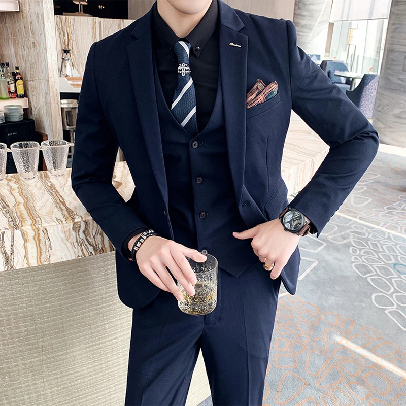 

7XL (Jacket+Vest+Pants) Brand Boutique Fashion Solid Color Mens Formal Business Suit 3Pce Set Solid Color Groom Wedding Dress