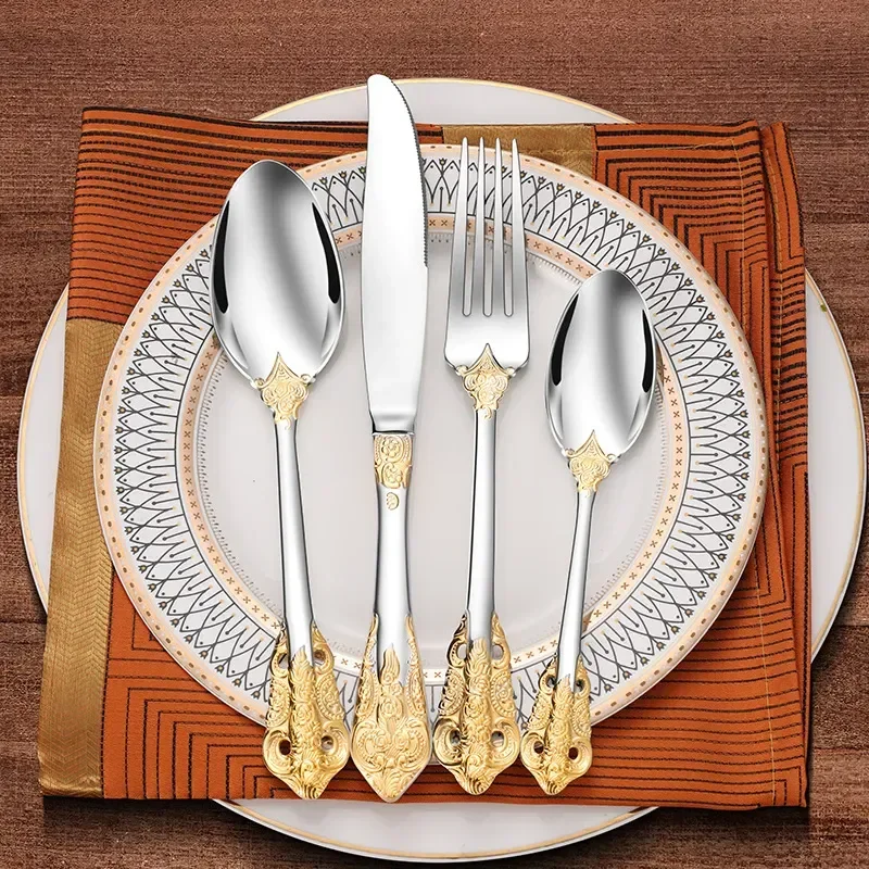 

Cutlery Sliverware 304 Forks Luxury Vintage Set Tableware Stainless Gold Dinnerware Western Spoons Steel Engraving Knive