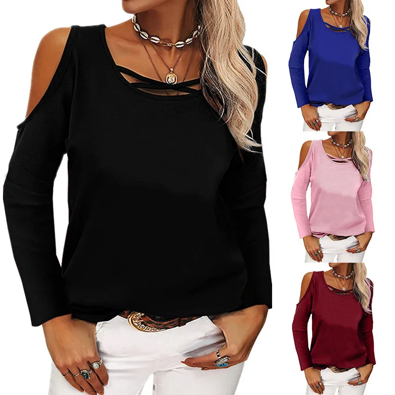 2022 Spring Summer T-shirt Women's Modal Fashion T-shirt Solid Color Off-the-shoulder T-shirt Long-sleeved T-shirt Loose Top