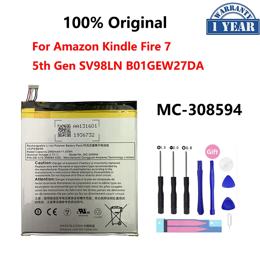 100% Оригинальный аккумулятор 2980 мАч для Amazon Kindle Fire 7 5-го поколения SV98LN MC-308594 Bateria 100% Оригинальный аккумулятор 2980 мАч для Amazon Kindle Fire 7 5-го поколения SV98LN MC-308594 Bateria