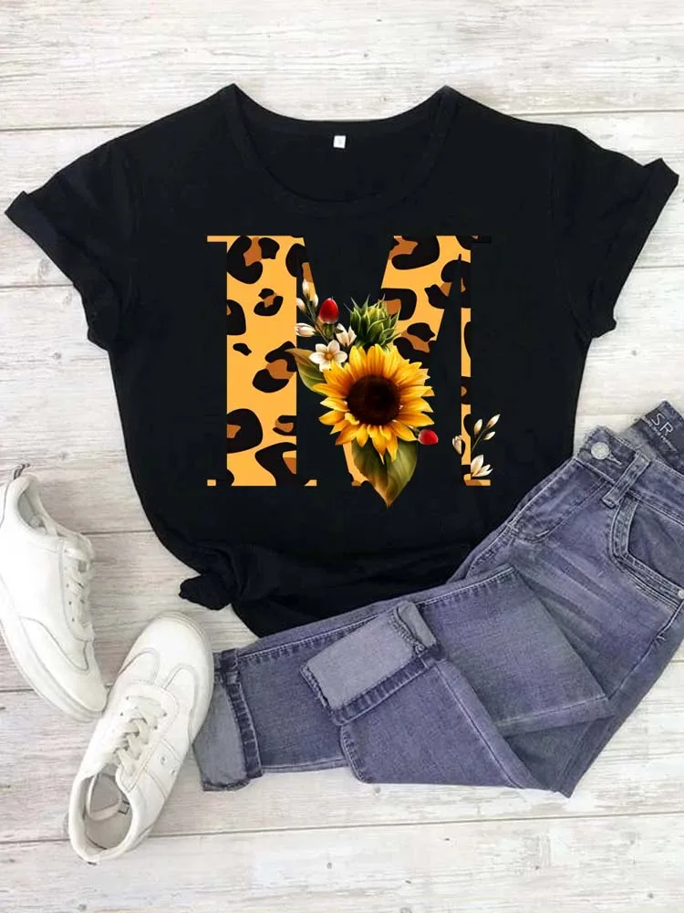 

Maycaur Custom Name Letter Combination Women T Shirt Fashion Sunflower Leopard Print Font A B C D E F G Short Sleeve Tshirt Top