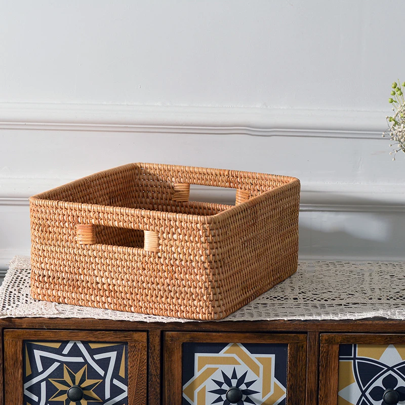 Hand-woven Rattan Storage Basket with Handle Big Toys Storage Box for Kids Rectangular Household Rack Wardrobe Storage Box