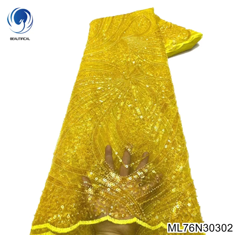 

Latest yellow beads handmade tulle lace fabric nigerian lace fabric 2022 french sequin lace fabric for party dress ML76N303