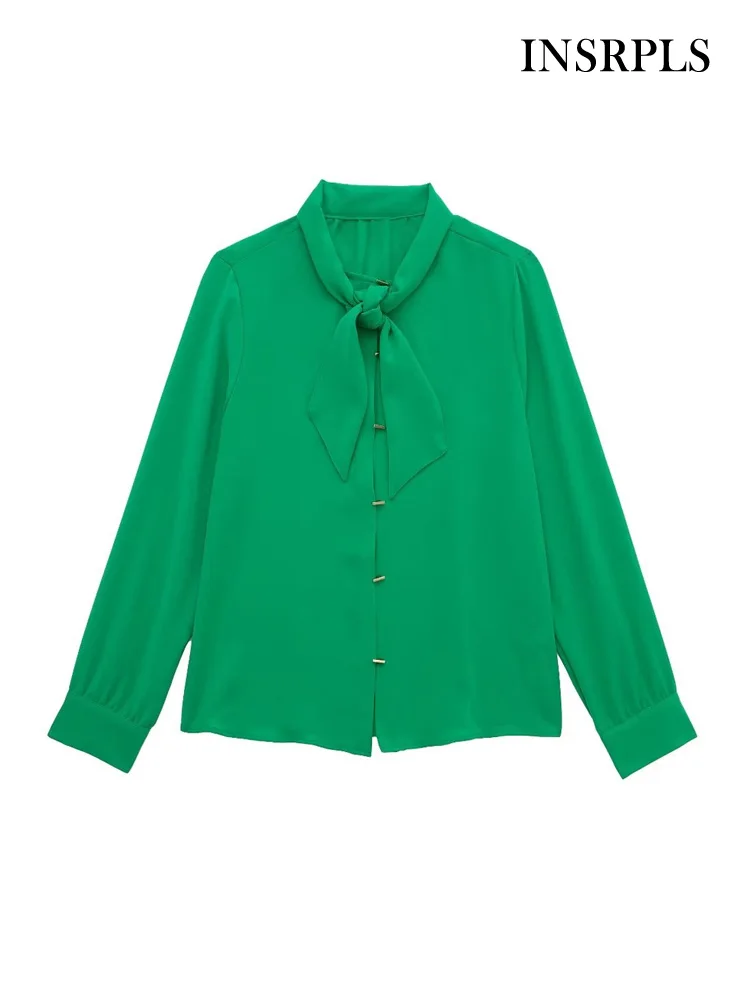 

Женские модные блузки INSRPLS с золотыми пуговицами спереди, винтажные женские рубашки с высоким воротником и длинным рукавом, блузы, шикарные топы