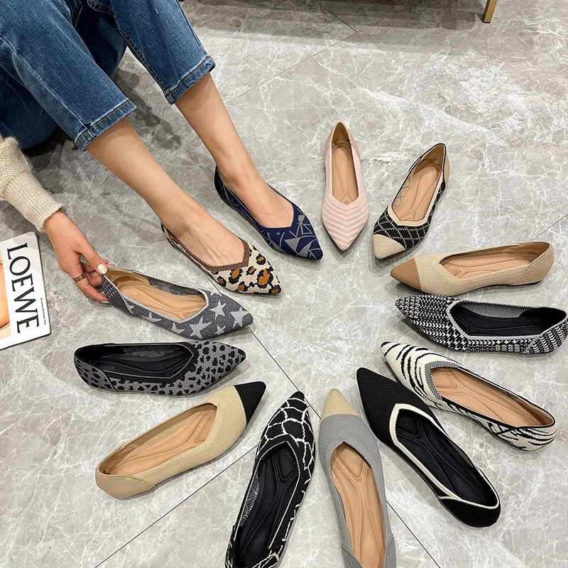 Ballet Mixed Color Soft Zapatos De Mujer Moccasin Women's Single Fashion Knitted Pointed Flat Shoes Bottom Comfortable Plus Size