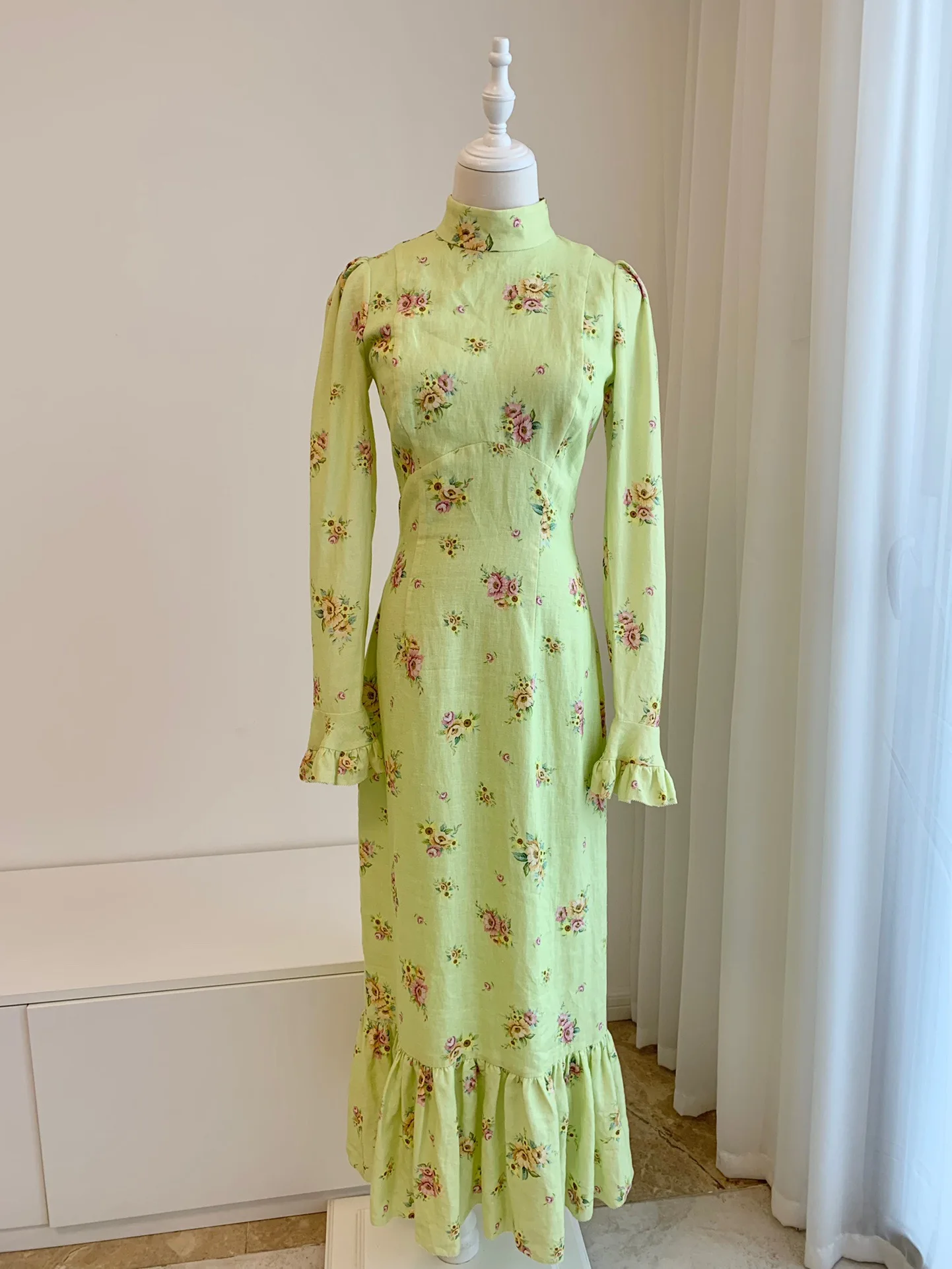 Women's Floral Print Stand Collar Long Sleeve Long Trumpet Dress