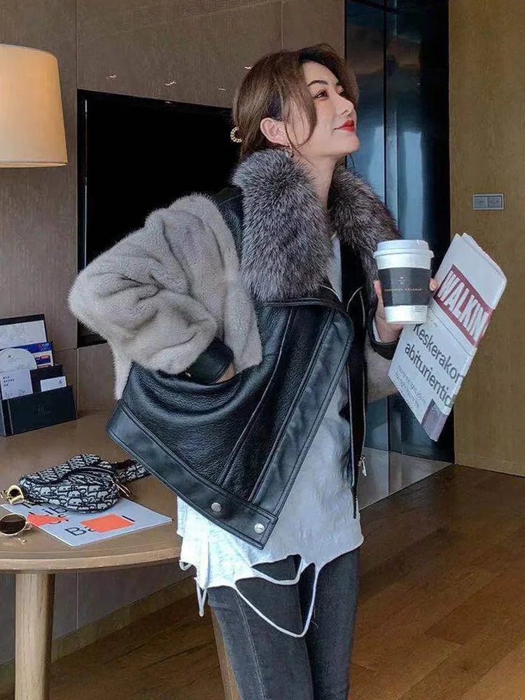 2022 New Natural Mink Fur Coats Fashion Genuine Leather Jackets Female For Women With Real Fox fur Warm Winter Short