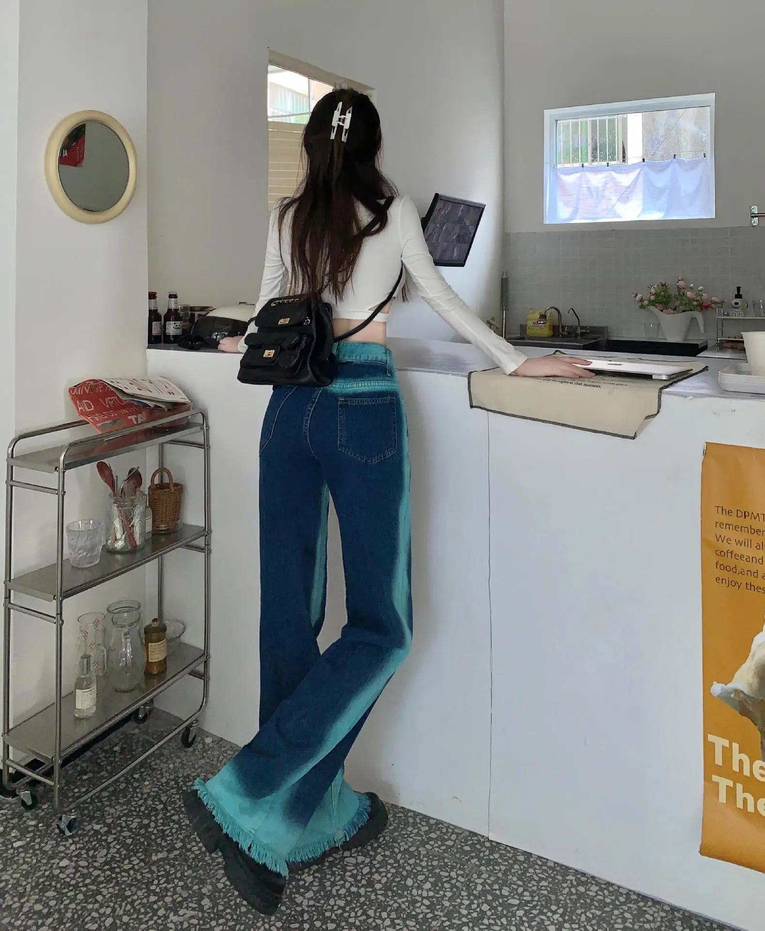 Fashionable Retro Striped Green Women Jeans 2023 Summer New Korean Harajuku High Waisted Casual Loose Straight Trousers Street