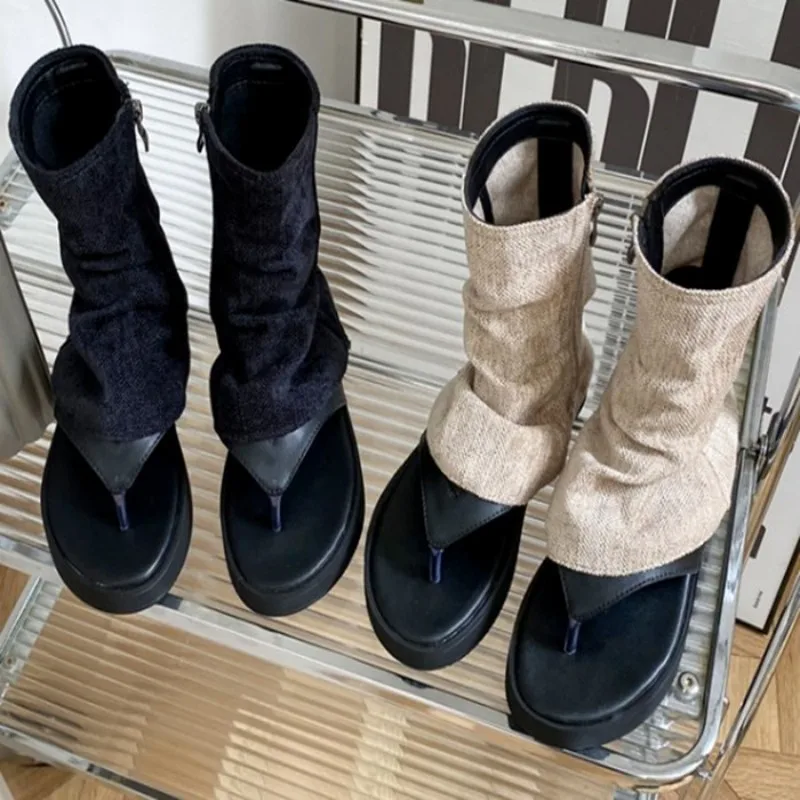 

2023 Spring Summer Women's Boots Casual Platform Lady Shoes High Top Flat Sandals Retro Female Cool Boots Clip Toe Roman Sandals