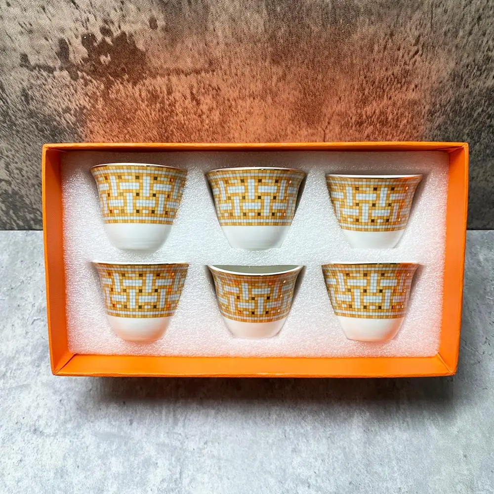 

6 Pcs Set Gold Design Ceramic Espresso Coffee Cup Tea Milk Drinking Cups with Handle Mug for Office Novelty Gift with Origi