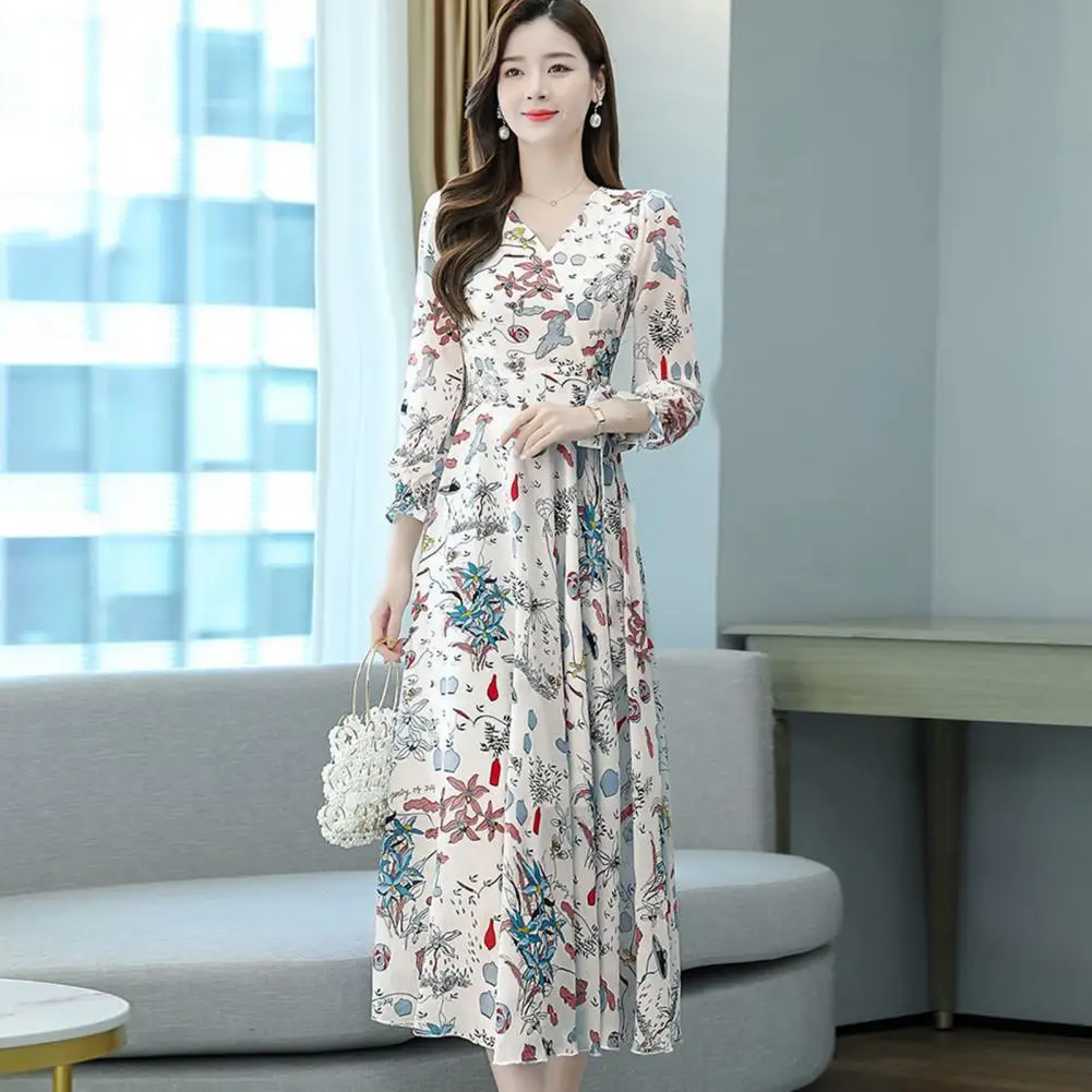 

Chic Dress Colorful Spring Fall Dress V Neck Big Hem Spring Fall Dress Dress-up