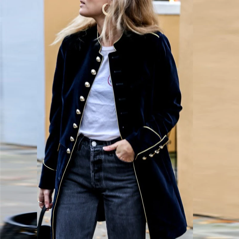 

Autumn Stand Collar Single-breasted Loose Jackets Elegant Casual Solid Long Sleeve Velvet Coat Fashion Street Midi Straight Tops