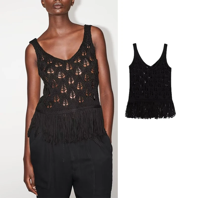 

TRAF 2023 Knit Crop Top Women Tassel MeshTo Female Summer Backless Semi Perspective Tops for Women Streetwear Sexy Woman Top
